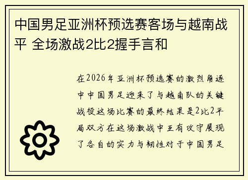中国男足亚洲杯预选赛客场与越南战平 全场激战2比2握手言和