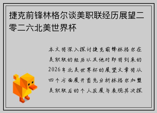捷克前锋林格尔谈美职联经历展望二零二六北美世界杯 捷克前锋林格尔谈美职联经历展望二零二六北美世界杯